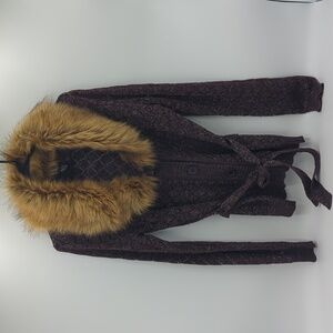 Rue21 Knit Belted Cardigan Faux Fur Collar Metallic Purple Large Outerwear Chic